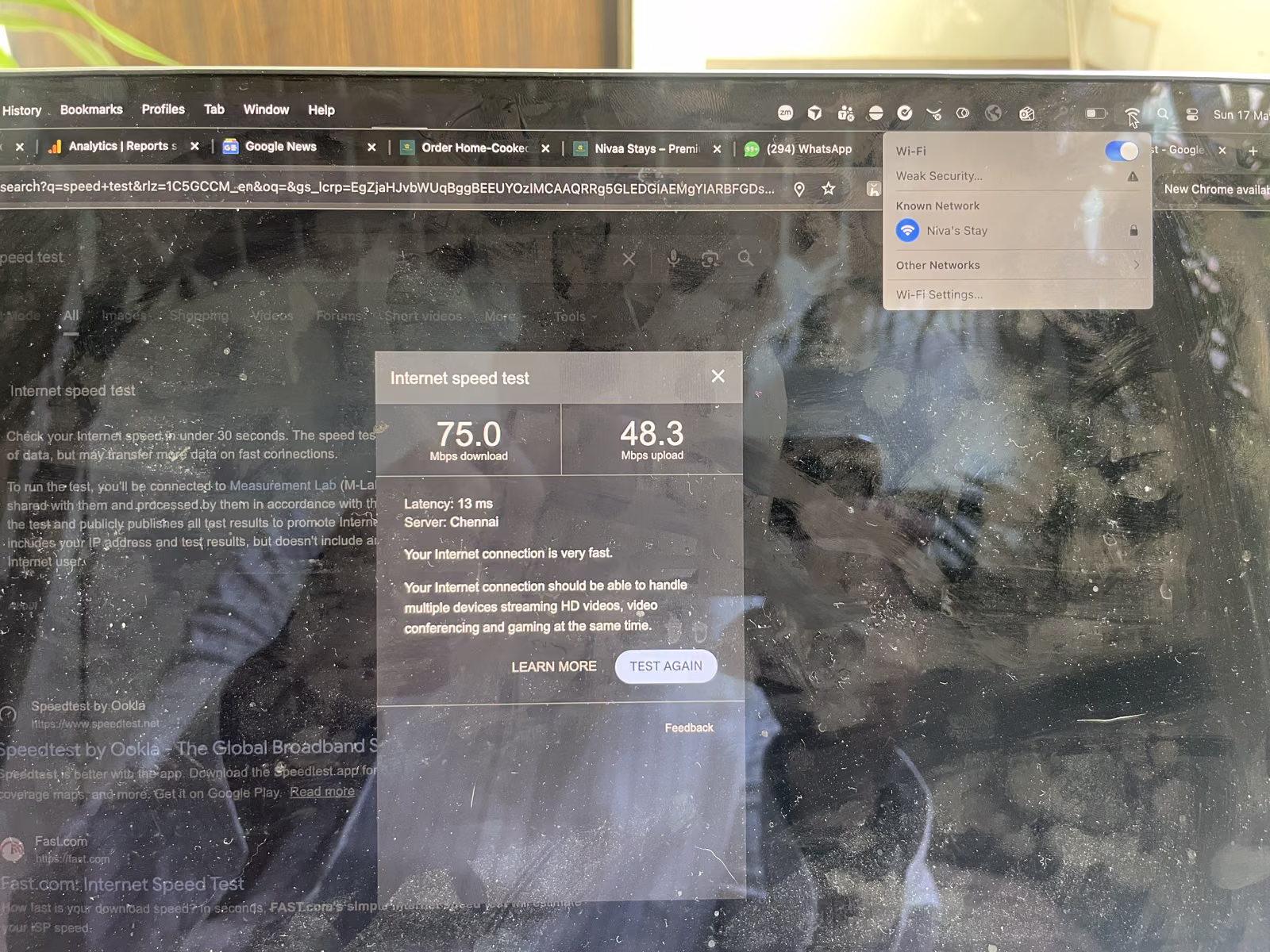 Speedtest result on the Nivaa Stays Wi-Fi: 75 Mbps download, 48 Mbps upload, 13ms latency. Internet connection is very fast.